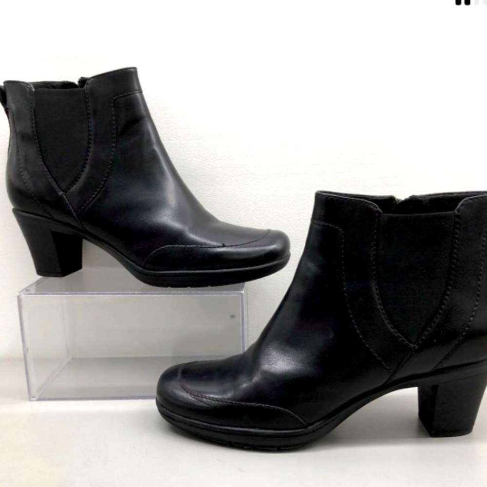 Clarks Womens Gracious 80486 Black Leather Block Heel Side Zip Ankle Boots